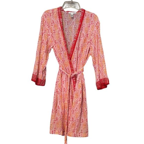 Oscar de la Renta Pink Red Orange Floral 100 % Cotton Belted Robe Size M - Picture 1 of 6